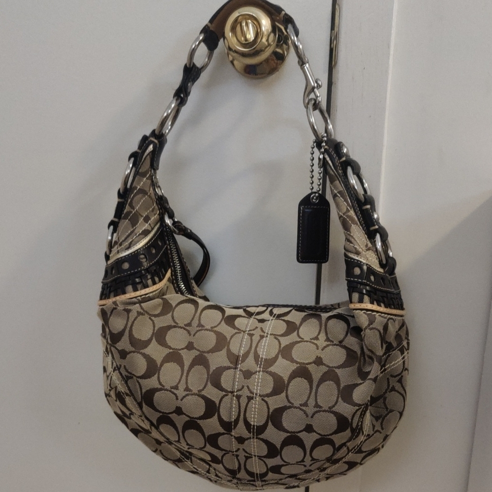Coach Brown Monogram Hobo Bag with Leather Trim